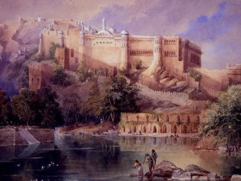 1823-William Simpson - Una veduta del forte di Amber, nel Rajasthan